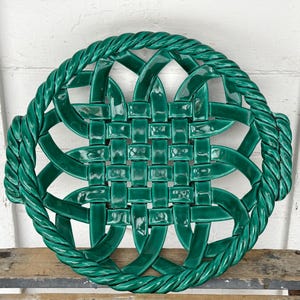 1950s Vallauris fruit bowl ~ French woven ceramic basket in green glaze ~ attributed to Jerome Massier ~ MCM bowl from Vallauris, France