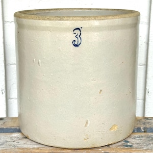 antique crock ~ 3 gallon crock with a blue 3 ~ pickling crock ~ stoneware crock ~ large crock ~ pickle crock ~ farmhouse antiques
