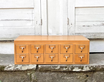 library card catalog ~ 10 drawer wood cabinet with finished top ~ library storage drawers