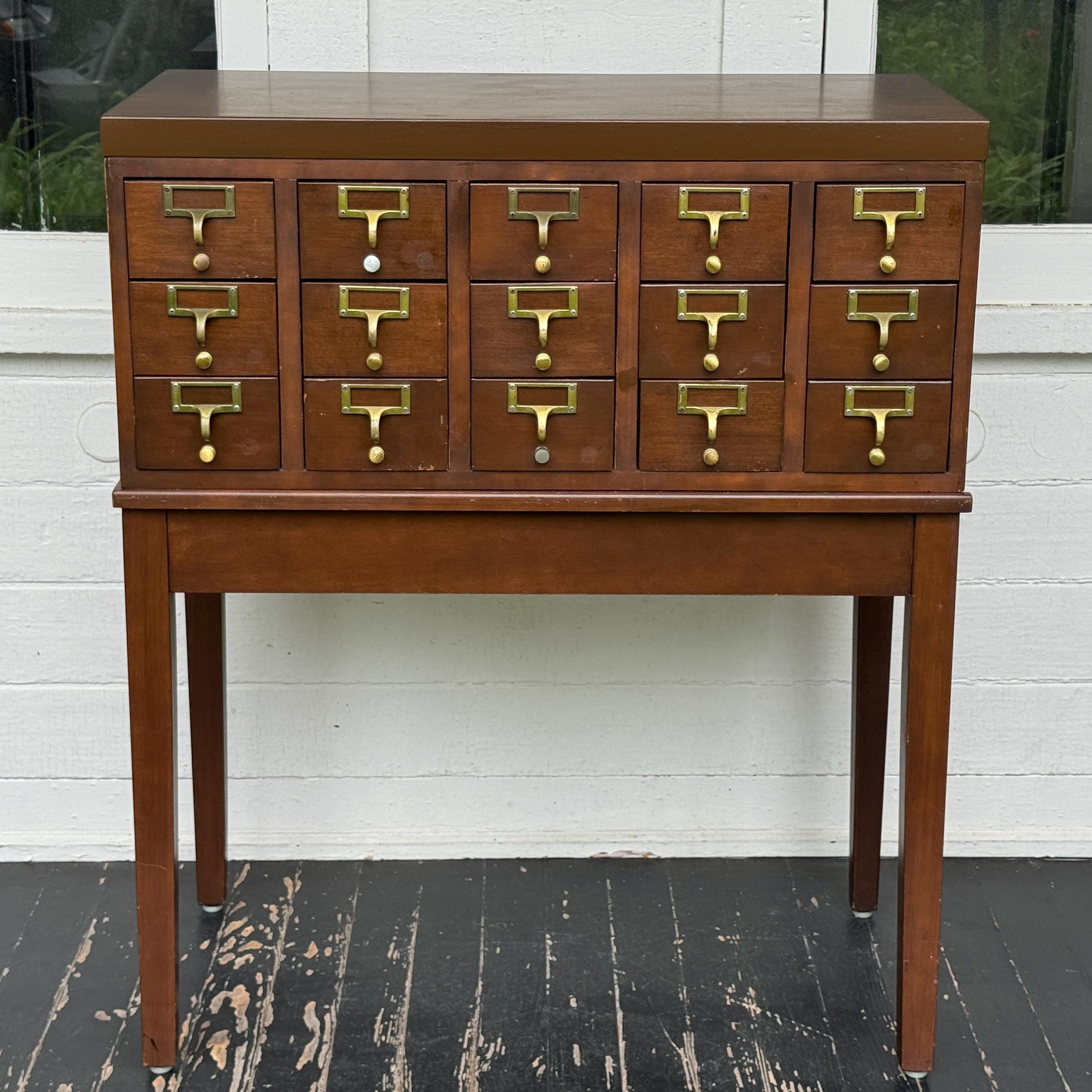 Library Card Catalog ~ Vintage 15 Drawer Wood Library Cabinet With