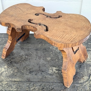 violin stool ~ vintage wood stool ~ wood fiddle shaped stool ~ music decor ~ authentic worn finish ~ good piece with repair ~ vintage stool