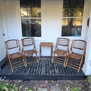 bamboo folding chairs & table ~ 4 mid century modern bamboo chairs with bamboo table ~ bamboo furniture in the MCM Hollywood Regency style
