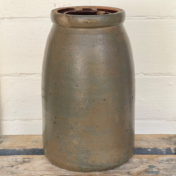 early crock ~ antique salt glazed crock ~ 1800s crock with a wonderful patina ~ 10" canning crock ~ primitive antiques ~ farmhouse antiques