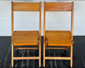 2 oak folding chairs ~ Snyder Chair Co ~ wood folding chairs ~ authentic worn wooden folding chairs ~ vintage folding chairs ~ J