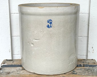 antique crock ~ 3 gallon crock with a blue 3 ~ pickling crock ~ stoneware crock ~ large crock ~ pickle crock ~ farmhouse antiques