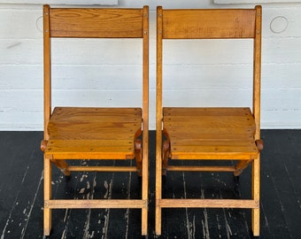 2 oak folding chairs ~ Snyder Chair Co ~ wood folding chairs ~ authentic worn wooden folding chairs ~ vintage folding chairs ~ E