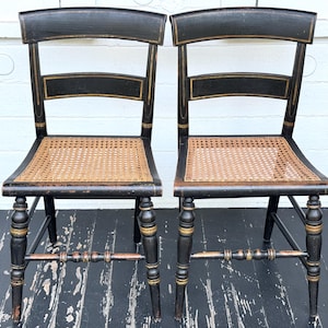 antique chairs ~ 1800s Hitchcock wood chairs with cane seats ~ hand painted & stenciled ~ 2 American cane bottom chairs ~ farmhouse antiques