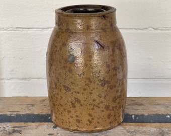 early crock ~ antique salt glazed crock ~ unusual 1800s crock ~ primitive antiques ~ small antique canning crock ~ farmhouse antiques