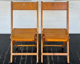 2 oak folding chairs ~ Snyder Chair Co ~ wood folding chairs ~ authentic worn wooden folding chairs ~ vintage folding chairs ~ I