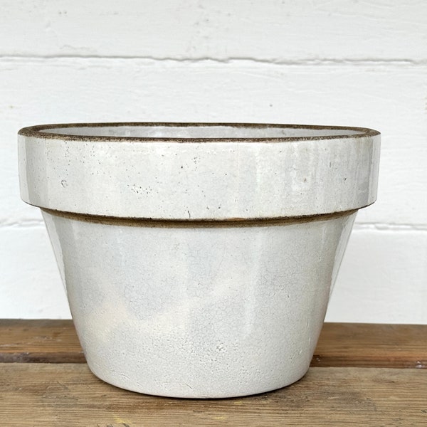 antique crock ~ stoneware planter pot with 2 hairlines ~ planter crock ~ vintage stoneware plant pot ~ farmhouse antiques