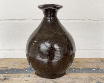 unusual crock ~ crock with Albany Slip Glaze ~ small mouth crock ~ vintage stoneware vase ~ farmhouse antiques