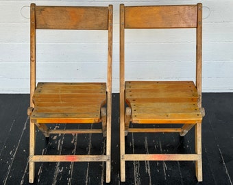 2 oak folding chairs ~ Snyder Chair Co ~ wood folding chairs ~ authentic worn wooden folding chairs ~ vintage folding chairs ~ B