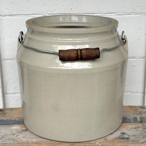 antique crock 2 gallon with wood handle ~ unusual crock, large size, rare shape ~ stoneware crocks ~ farmhouse antiques