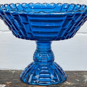 footed bowl ~ Jeannette glass footed compote with flash blue glazed glass ~ farmhouse piece with much wear ~ vintage fruit bowl