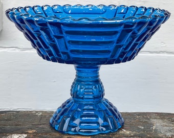 footed bowl ~ Jeannette glass footed compote with flash blue glazed glass ~ farmhouse piece with much wear ~ vintage fruit bowl