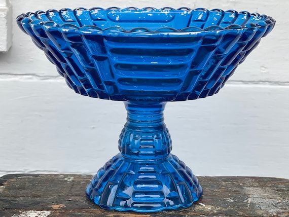 footed bowl ~ Jeannette glass footed compote with flash blue glazed glass ~ farmhouse piece with much wear ~ vintage fruit bowl