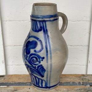 large stoneware pitcher ~ salt glazed German stoneware ~ Westerwald pottery from Germany ~ stoneware crock pitcher ~ farmhouse antiques