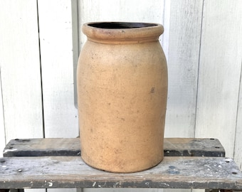 early crock ~ primitive handmade ~ unglazed exterior, glazed interior ~ great color ~ antique stoneware crock ~ farmhouse antiques