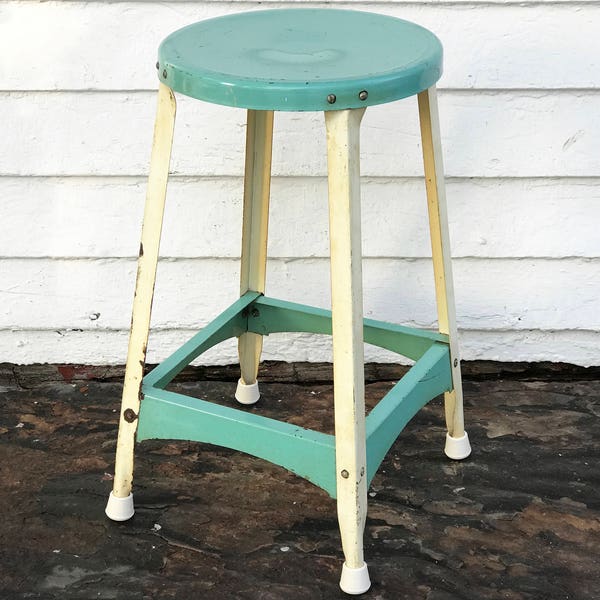 stool ~ turquoise & cream metal stool ~ turquoise metal shop stool ~ turquoise shop stool ~ metal stool ~ vintage farmhouse stool