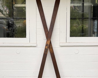 wooden skis ~ 66" antique skis ~ wooden skis with pointed tips ~ wood skis ~ nipple tip skis ~ farmhouse antiques