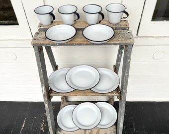 antique enamelware 12 piece set ~ 6 plates, 4 mugs, 2 low bowls ~ white enamelware lot with dark cobalt blue rims ~ farmhouse antiques