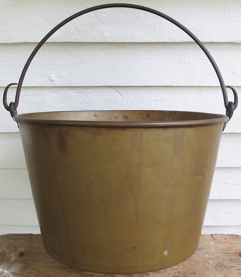 Antique 14 brass bucket with hand wrought iron handle Etsy