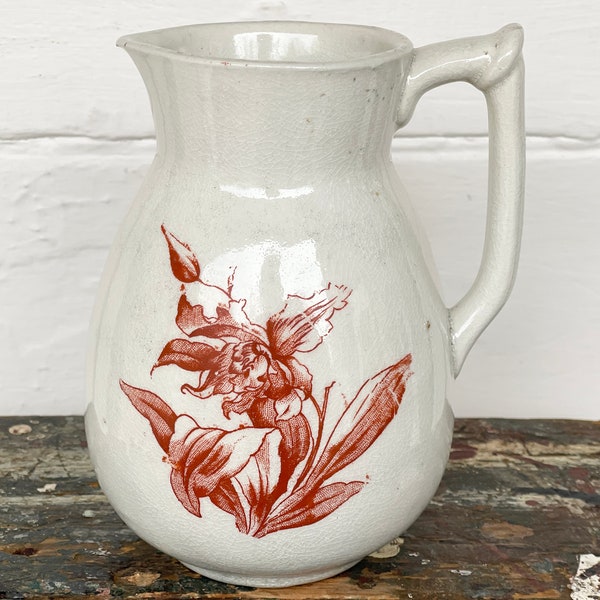 ironstone pitcher ~ 6" red transferware on ironstone pitcher ~ small ironstone pitcher ~ ironstone creamer~ farmhouse antiques
