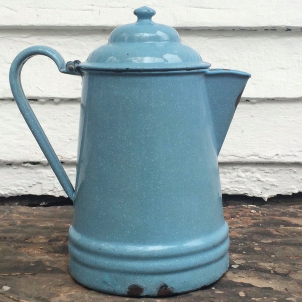 antique french blue enamelware coffee pot ~ rustic blue graniteware coffee pot ~ large light blue enamelware kettle ~ farmhouse antique