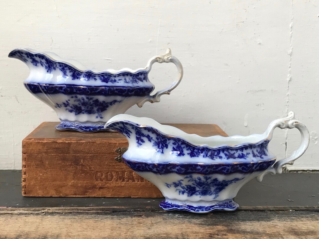 Antique Gravy Boats 2 Matching Flow Blue Gravy Boats Both in the