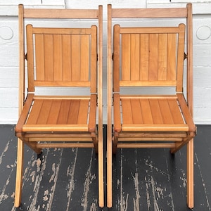 2 wood folding chairs ~ unusual backward folding design ~ authentic early matching pair ~ original finish ~ farmhouse antiques