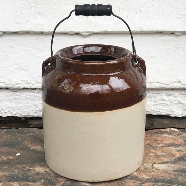 antique crock with wooden handle ~ farmhouse antique ~ utensil crock with wood handle ~ unusual crock with uncommon shape~ primitive antique
