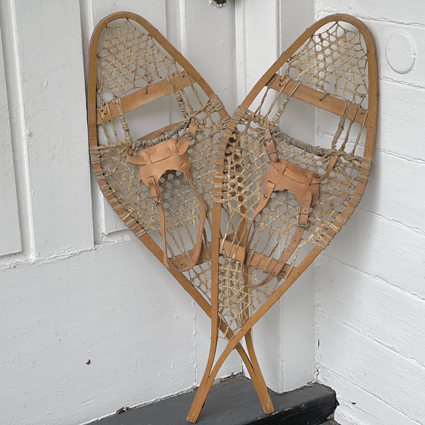 snowshoes with worn leather bindings ~ 35" wood snow shoes with rawhide lacing ~ snowshoes to hang ~ vintage wooden snowshoes