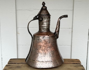 1800s copper pitcher ~ hand hammered & dovetailed ~ Turkish 14" distressed copper ewer ~ dovetailed copper Dallah ~ antique Turkish jug