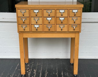 library card catalog ~ vintage 15 drawer wood library cabinet with finished base, top & sides ~ in 3 pieces ~ wood card catalog ~ BB