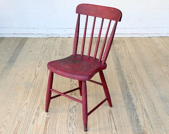 antique chair ~ wood plank bottom side chair in worn red paint ~ antique spindle back dining chair ~ farmhouse antiques