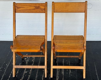 2 oak folding chairs ~ Snyder Chair Co ~ wood folding chairs ~ authentic worn wooden folding chairs ~ vintage folding chairs ~ H