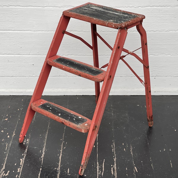 vintage step stool ~ worn red metal stool ~ nicely distressed red metal step stool ~ plant stand ~ good color ~ farmhouse antiques