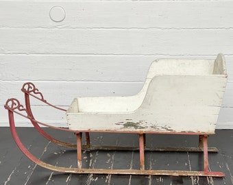 antique child's sleigh ~ one of a kind ~ authentic ~ small wood sleigh with curved iron runners ~ rare piece ~ farmhouse antiques