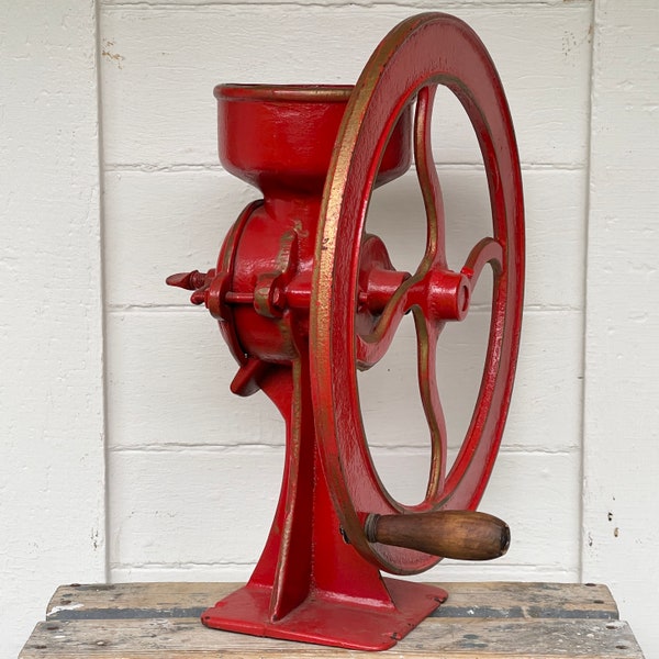 coffee grinder #2 ~ antique cast iron coffee grinder ~ red cast iron with gold highlights and wood handle ~ farmhouse antiques