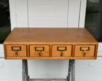 card catalog ~ 4 drawer library card catalog ~ nice piece with finished sides, top & back ~ wood library cabinet ~ rare 4 drawer cabinet