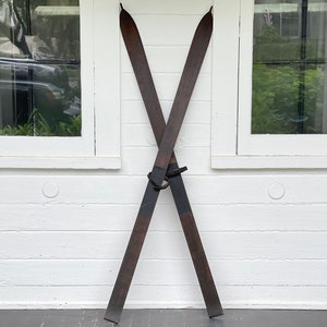 skis ~ antique wood skis ~ nipple tip wooden skis ~ original ~ 59&quot; antique pointed skis with leather straps ~ vintage ~ farmhouse antiques