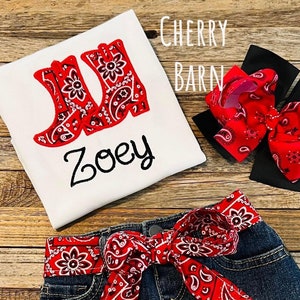 Girls Red Bandana Boots  Shirt / Farm Party  / Western Shirt or Outfit / Denim Jean Skirt Shorts or Pants - FREE SHIPPING