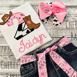 Girls Pink Cow Print Bandana Boot and Hat Shirt / Farm Party  / Western Party / Barn Party / Jean Skirt / Shorts / Pants - FREE SHIPPING