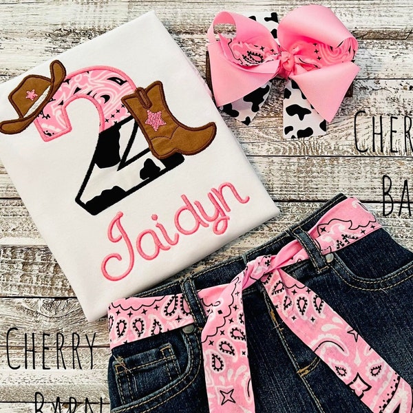 Girls Pink Cow Print Bandana Boot and Hat Shirt / Farm Party  / Western Party / Barn Party / Jean Skirt / Shorts / Pants - FREE SHIPPING