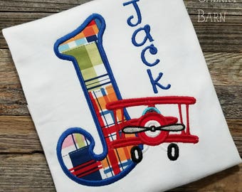 Boys Airplane Birthday Shirt / Plane Shirt/ Aviation Shirt/ Boys Shirt with Initial - FREE SHIPPING