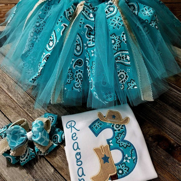 Teal Cowgirl Boot and Hat Birthday Shirt/ Tutu or Outfit with Bows