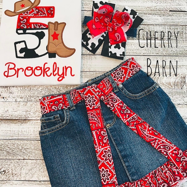 Girls Red Cow Print Bandana Boot and Hat Shirt / Farm Party  / Western Party / Barn Party / Jean Skirt / Shorts / Pants - FREE SHIPPING