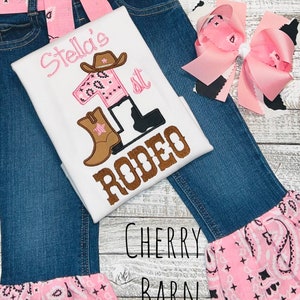 Pink Cowgirl Birthday Shirt / 1st Rodeo / First Rodeo Western Shirt or Outfit with Denim Jean Ruffled Pants or Skirt - FREE SHIPPING