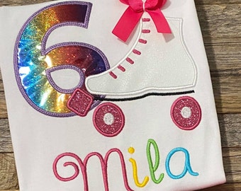 Girls Roller Skate Skating Party Rainbow Birthday Shirt or Outfit with Sequin Shorts or Pants