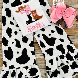 Girls Cowgirl Birthday Shirt / Farm / Pink Bandana / Barn / Western Shirt or Outfit with Cow Print Ruffled Pants - FREE SHIPPING
